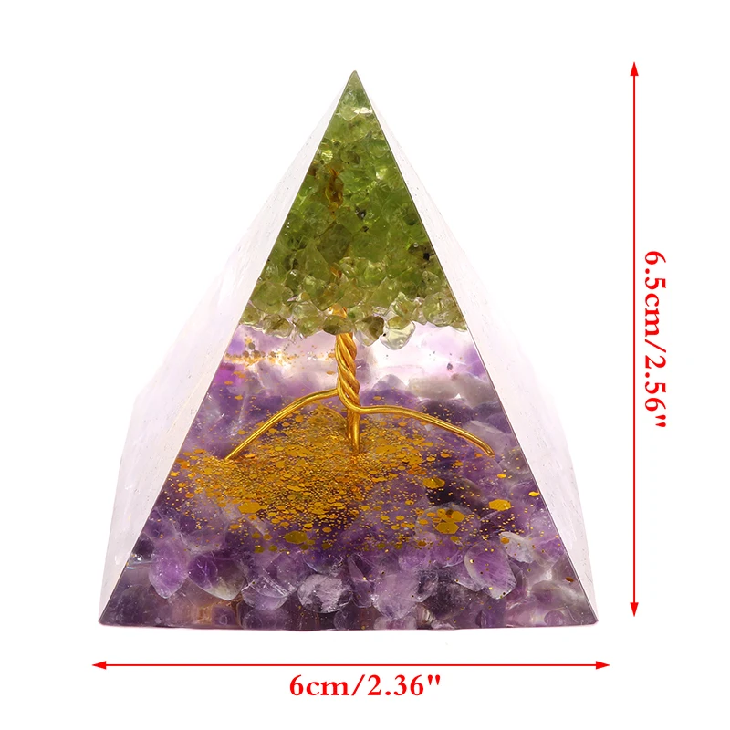 

Tree of Life Pyramid Amethyst Peridot Healing Crystal Energy Orgonite Pyramide Protection Meditation Tool