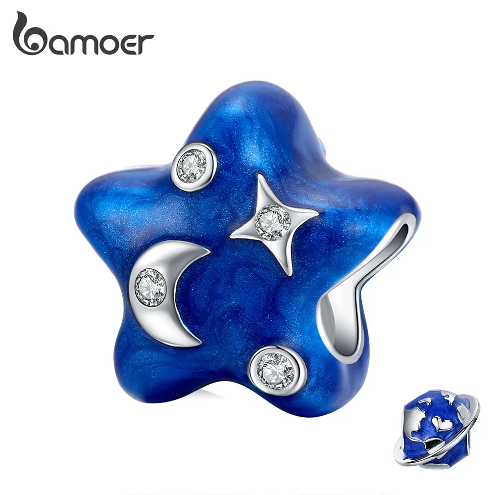 

bamoer Genuine 925 Sterling Silver Moon & Star Enamel Charm Deep Blue Sky Metal Beads Charm for Original Bracelet BSC178