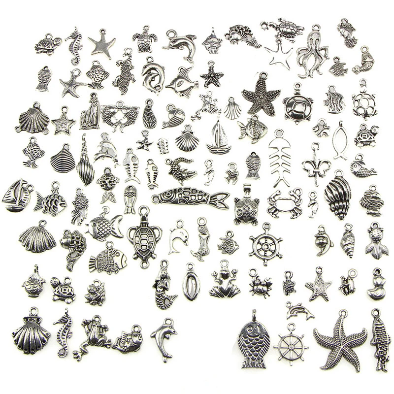 

Для самодельных шармов ручной работы 100 шт Смешанные Античные Серебристые мини-подвески в виде ракушки океанского дельфина Подвески для из...