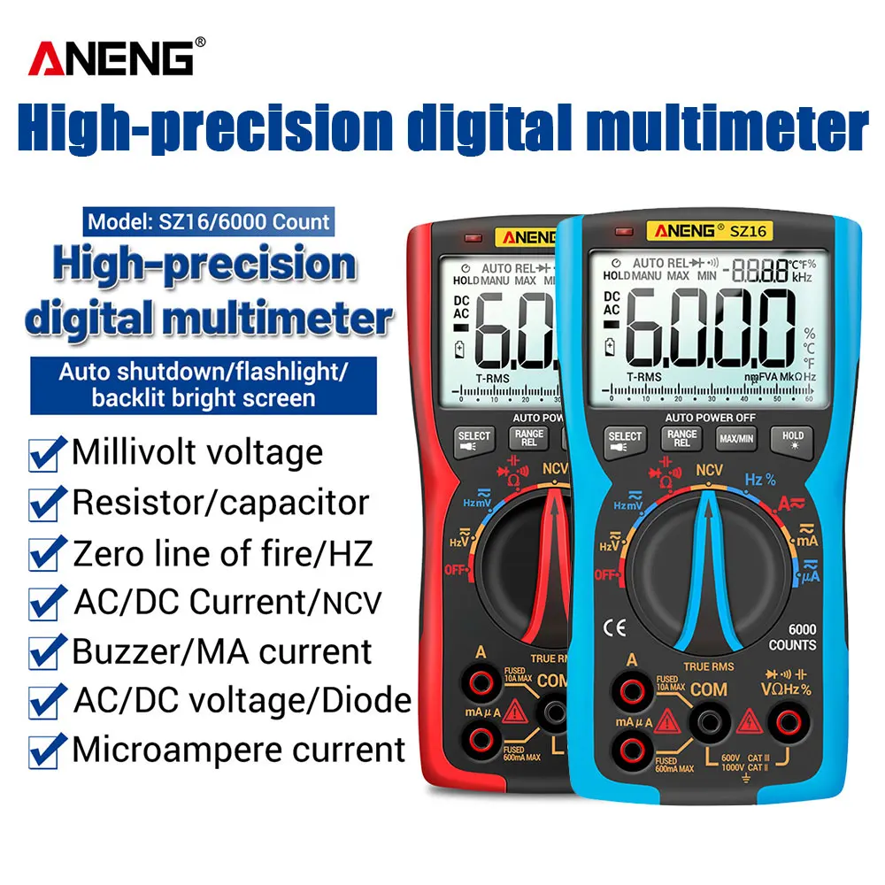 

ANENG SZ16 Digital Multimeter 6000 Counts Professional True RMS Analog Tester Multimetro DIY Transistor Capacitor NCV Testers