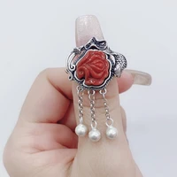 new s925 sterling silver southern red agate tassel lotus fish ring elegant retro blooming rich silver ring womens