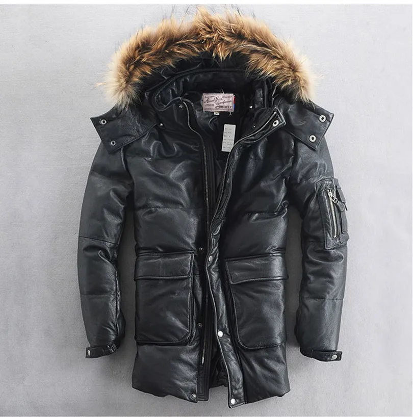 Толстая Меховая куртка с капюшоном из коровьей кожи белым утиным пухом Мужская