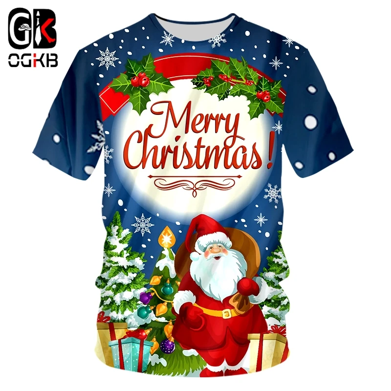 OGKB Мужская Рождественская футболка с 3D принтом прекрасный Санта Клаус Одежда