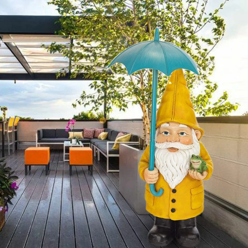 

Garden Gnome Statue Resin Rain Slicker Grandpa Figurine with Solar LED Lights