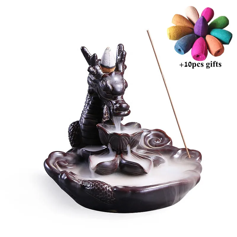 Керамическое ремесло Дракон Лотос дым обратный поток Курильница держатель для