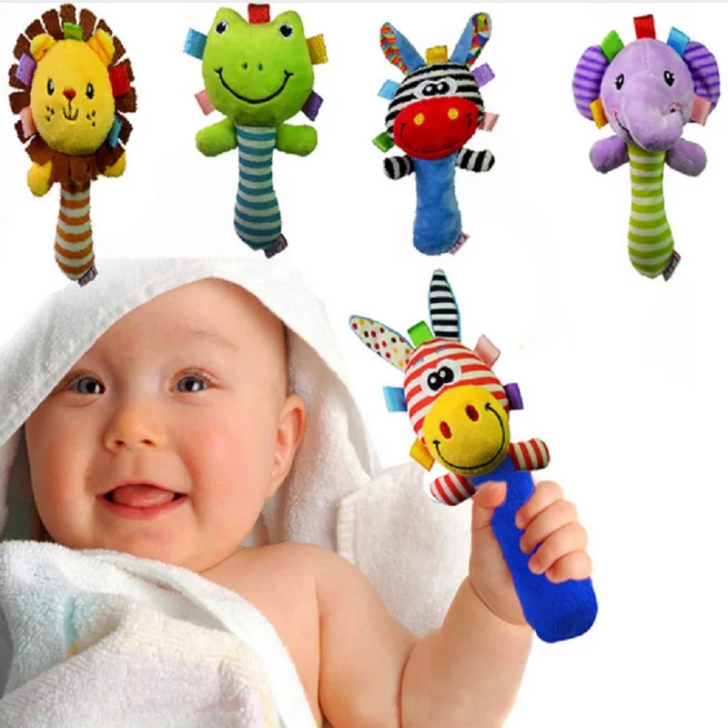 

New Baby Toy Cartoon Animal Rattle Squeaker BB Sounder Early Educational Doll Elephant Giraffe Lion Frog Plush Hand Rattle Bell