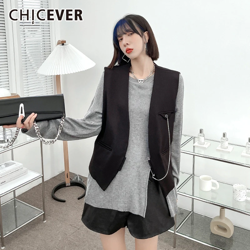 

CHICEVER Black Patchwork Chain Vest For Women V Neck Sleeveless Solid Minimalist Vests Female Korean Fashion Clothing 2021 Style