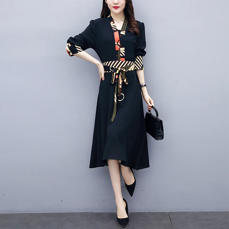 Новинка весны 2020 женское черное платье большого размера с длинным рукавом