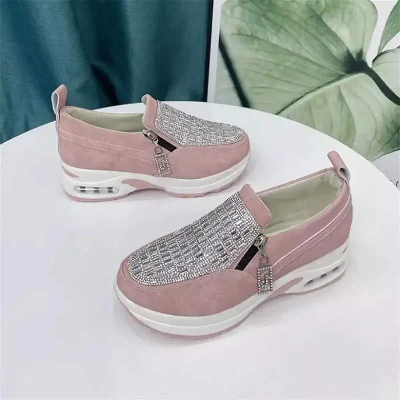 

New Women Shoes Solid Color PU Round Toe Thick Bottom Rhinestone Zipper Fashion All-match Four Seasons Casual Shoes AQ284
