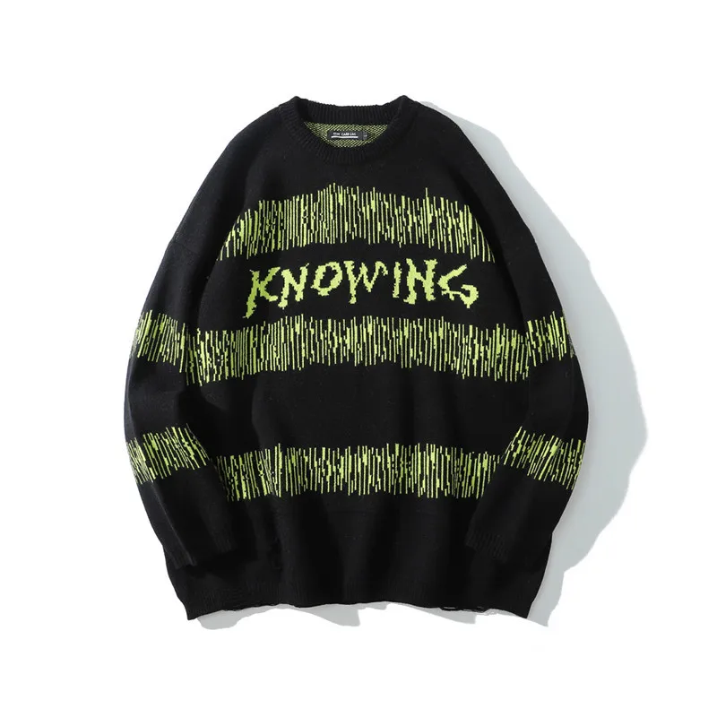

European and American Lettered Striped Knitwear Men's Street Fashion Cool Bottoming Shirt Popular Brand Sweater