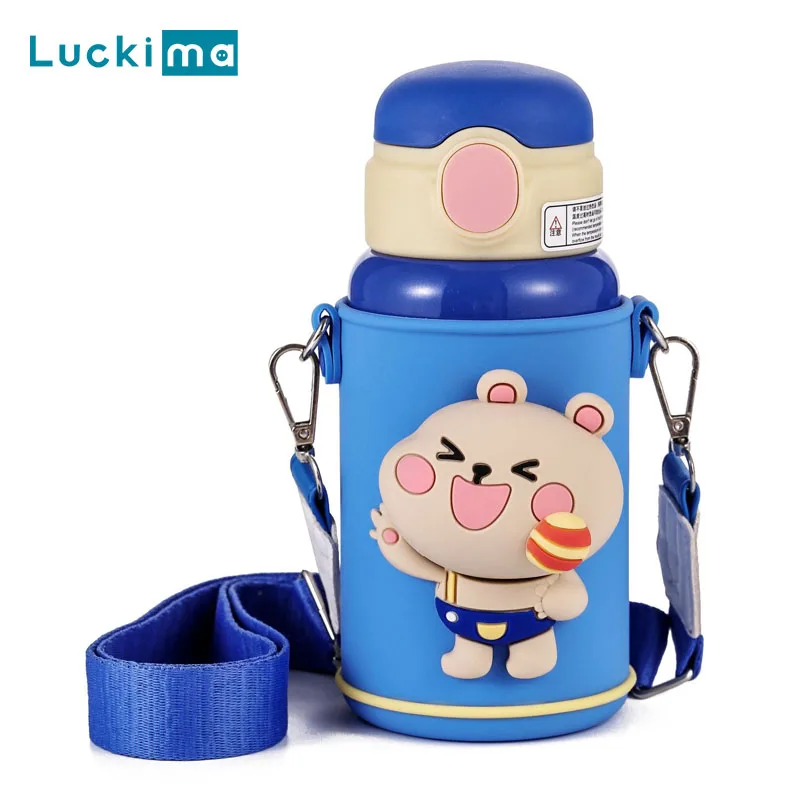 

500ml Cartoon Thermos Cup Portable Pressing Straw 3 Lids Water Bottle with Three-dimensional Doll 316 Stainless Steel Thermoses