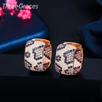 threegraces shiny micro pave cubic zirconia geometric square gold color leopard hoop earrings ladies party newest jewelry er596