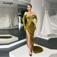 verngo new army green velvet mermaid prom dresses off the shoulder long sleeves gloves slit evening gown dubai women party dress