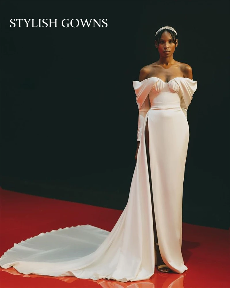 

Elegant New White O Neck Wedding Dress Pleats High Slit Bridal Gown Mermaid Evening Gowns Robe De Soirée Femme