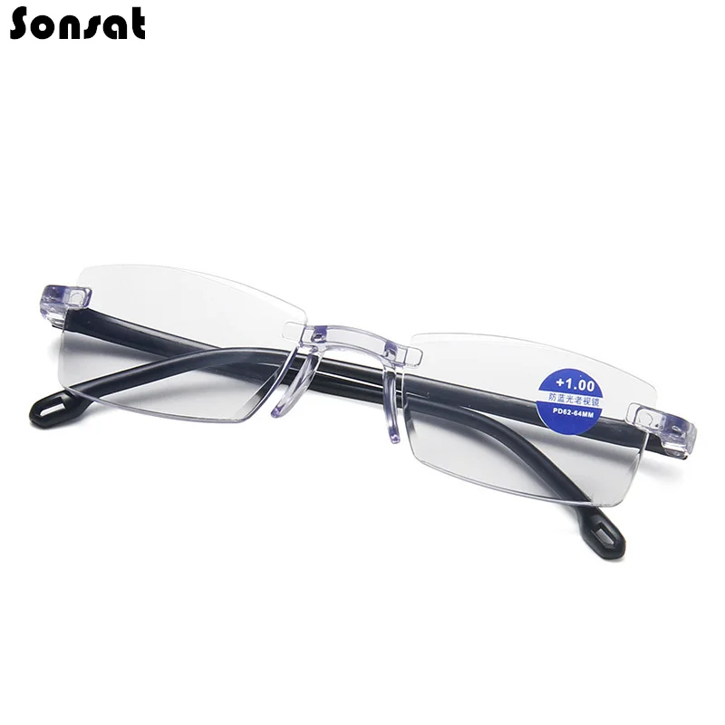 

Очки для чтения без оправы с защитой от синего света для мужчин и женщин, аксессуар для работы за компьютером при пресбиопии, без оправы, с квадратными безрамочными диоптриями + 1,0, 1,5, 2