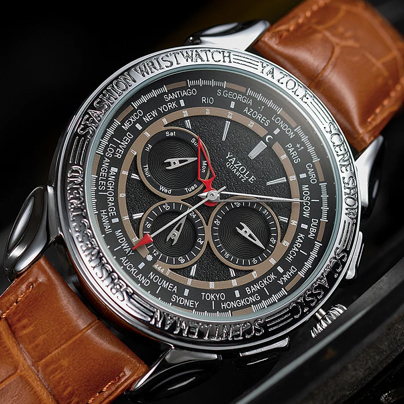 Man Quartz Wristwatch Men Business Male Watch Cutout Dial Leather Strap Men's Sports Style Watches 2019 | Наручные часы