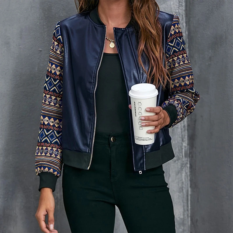 

2021 Autumn Women Leather Jacket Zipper Fashion Spliced PU Jackets Female M133