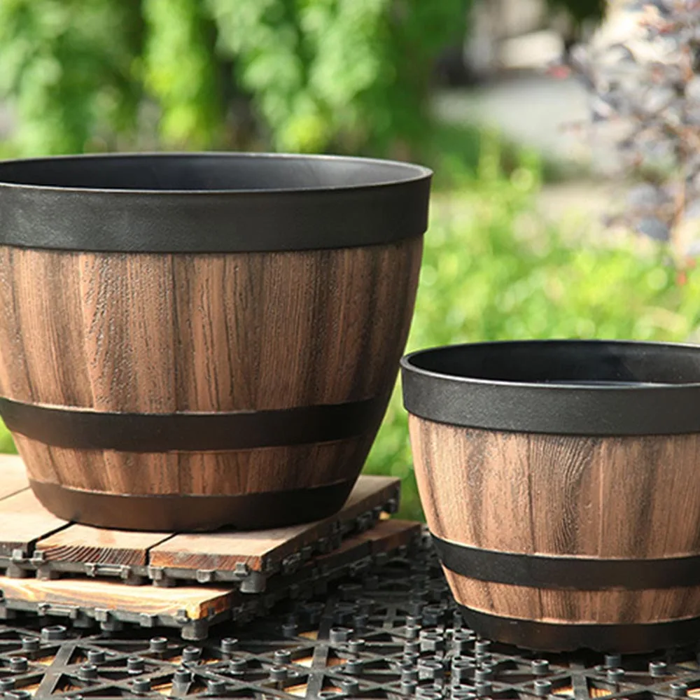

Garden Resin Flower Pot Cute Shape Whiskey Barrel Flower Pot Round Planter Vintage Style Great Indoor Outdoor Garden Yard Patio