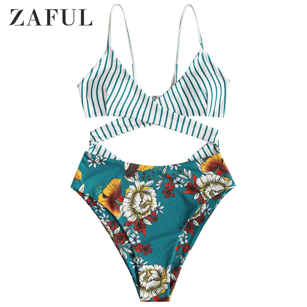 

ZAFUL Striped Flower Ribbed Cutout Mix and Match One-piece Swimsuit Beachwear Set BathingSuit Snakeskin Push Up Swimsuit