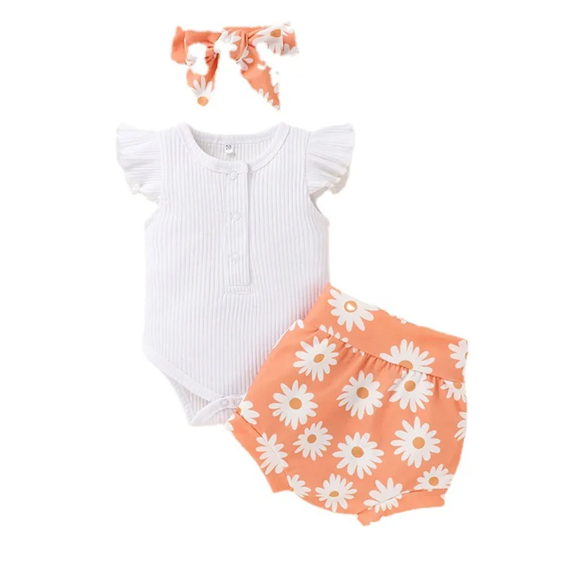 

0-18M Newborn Infant Baby Girls Boys Clothes 3pcs Ruffles Sleeve Knitted Romper Tops+High Waist Print Shorts+Headband Outfits