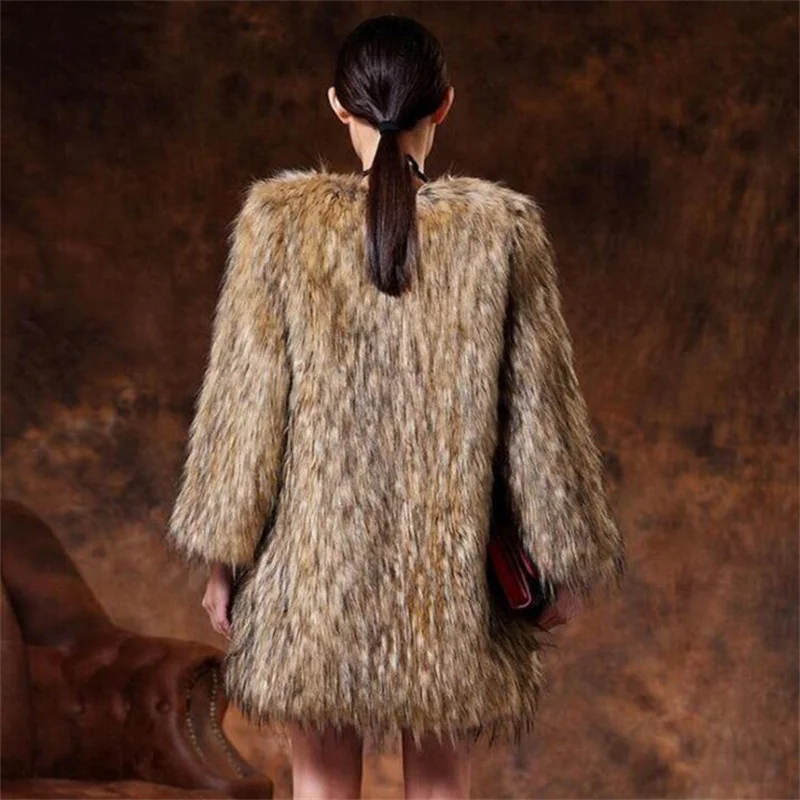 New style fox fur coat womens ladies mid-length imitation raccoon round neck nine-quarter sleeves slim fit autumn winter brown