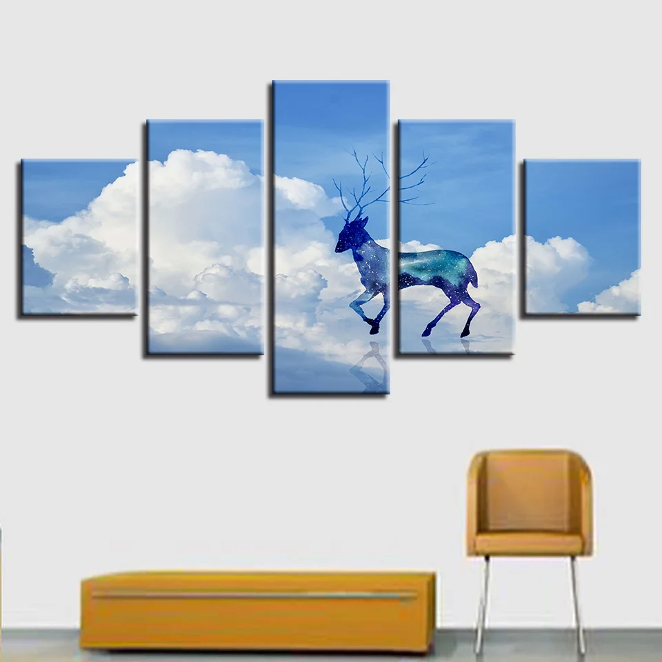 

Wall Art Paintings Poster Home Decor 5 Pieces Glittering Cloud Deer Landscape Modular Canvas HD Prints Abstract Pictures Framed