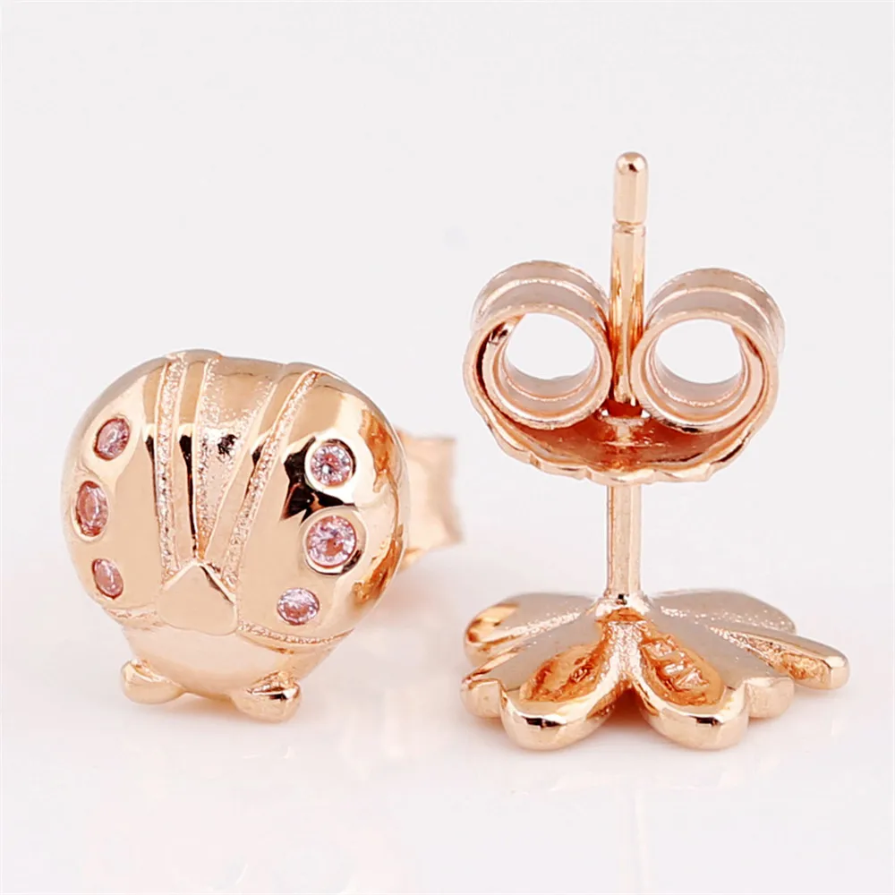 

Genuine 925 Sterling Silver pan Earring Rose Four Leaf Clover And Ladybird Stud Earrings For Women Wedding Fashion Jewelry