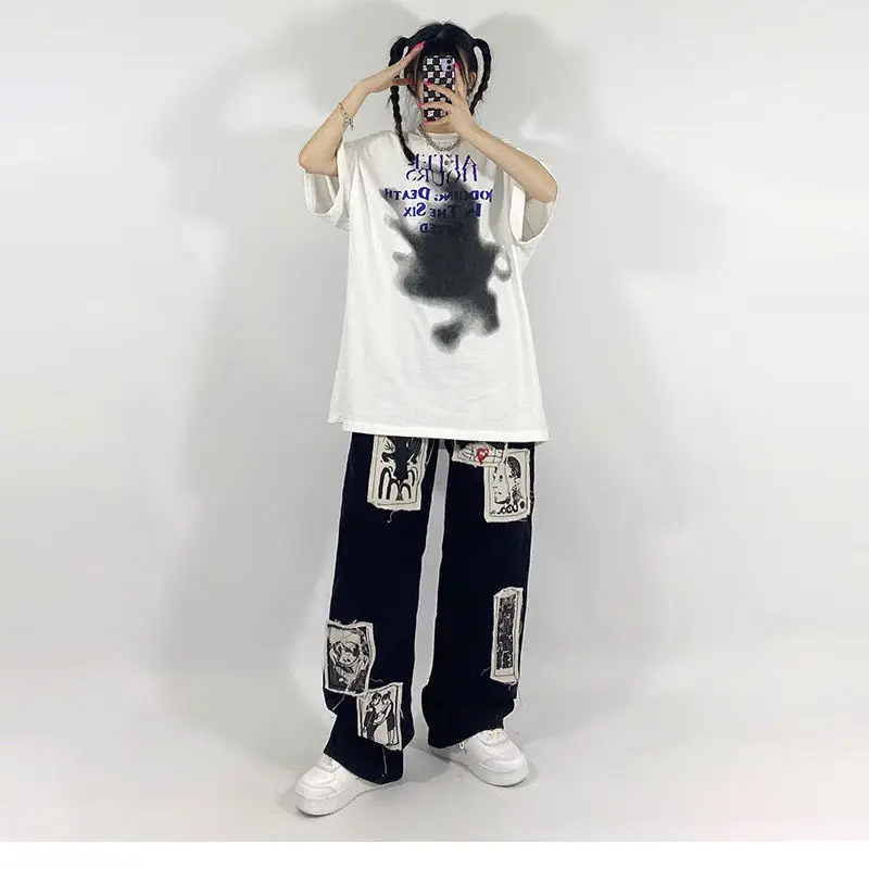 Grunge Punk Patchwork Black Jeans Women Hip Hop Streetwear Print Oversize Wide Leg Trousers 90s Vintage Fashion Pants images - 6