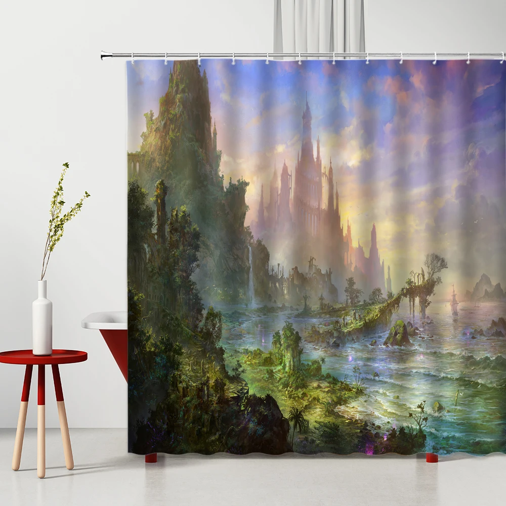 

Scenery Shower Curtain Oil Painting Woods Mountain Water Washable Fabric Bathtub Decor With Hook Natural Landscape Bath Curtains