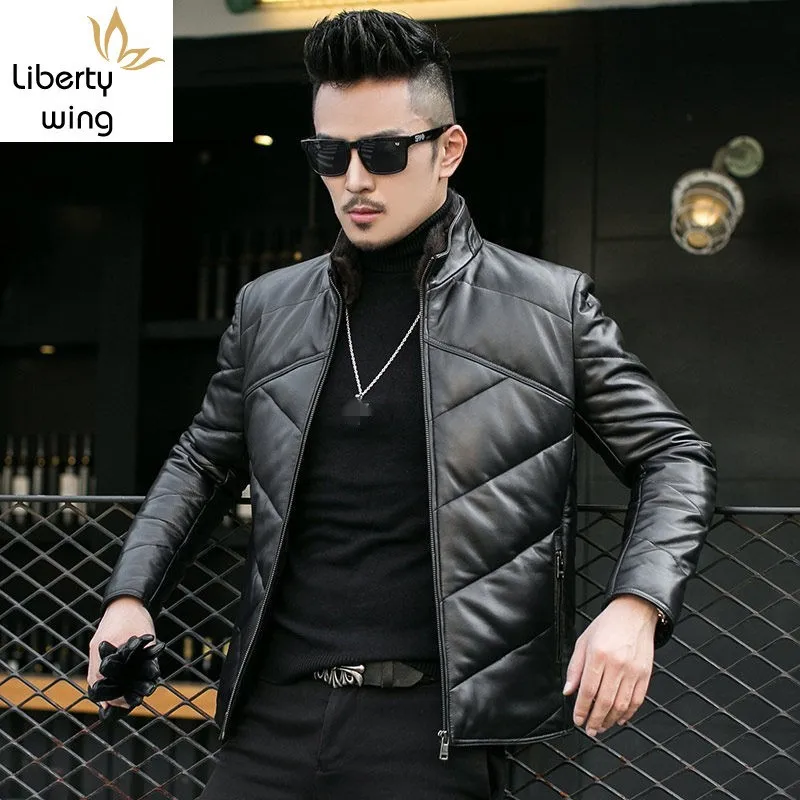 Брендовый мужской пуховик из овечьей кожи тонкая короткая куртка натуральной с