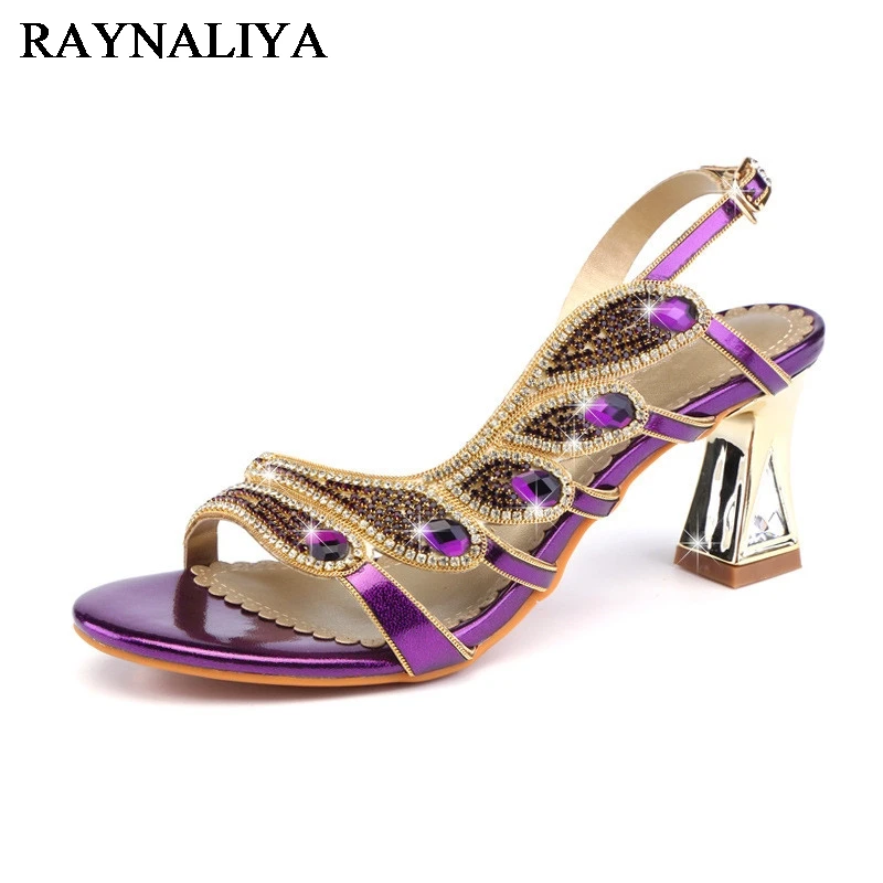 

2018 Summer Blue Gold Sandal New Ladies Rhinestone Sandals High-heeled Thick Heels Diamond Crystal Shoes XMX-B0019