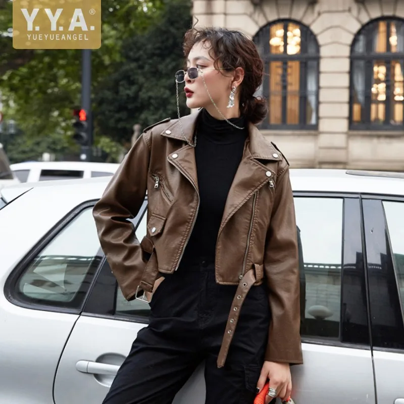 

Streetwear Motorcycle Jacket Women Slim Sashes Short Outwear Pu Leather Bikers Jackets Punk Style Long Sleeve Pu Coats Female