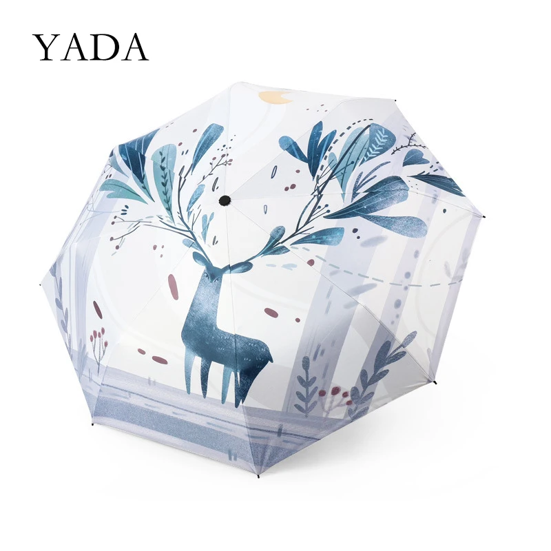 YADA 2020 Hand-Painted Deer Elk Pattern 3-Folding Umbrella Women UV Rainproof Parasol Rain Sun Light Umbrellas YD200194 | Дом и сад