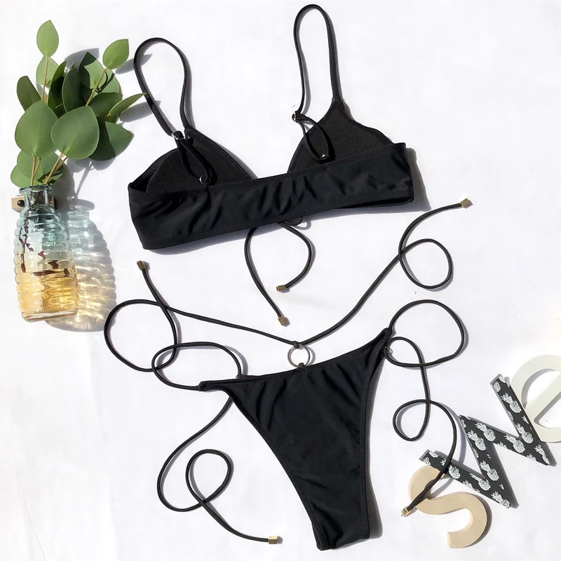 Женский комплект бикини сплошной черный бразильский купальник на бретельках