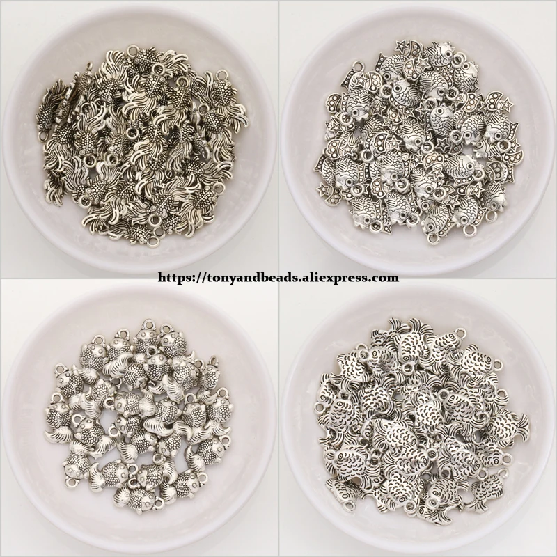 

(50Pcs/Lot) Zinc Alloy Tibetan Silver European Charm Fish-Shape Pendant 4 Style For Jewelry Making DIY