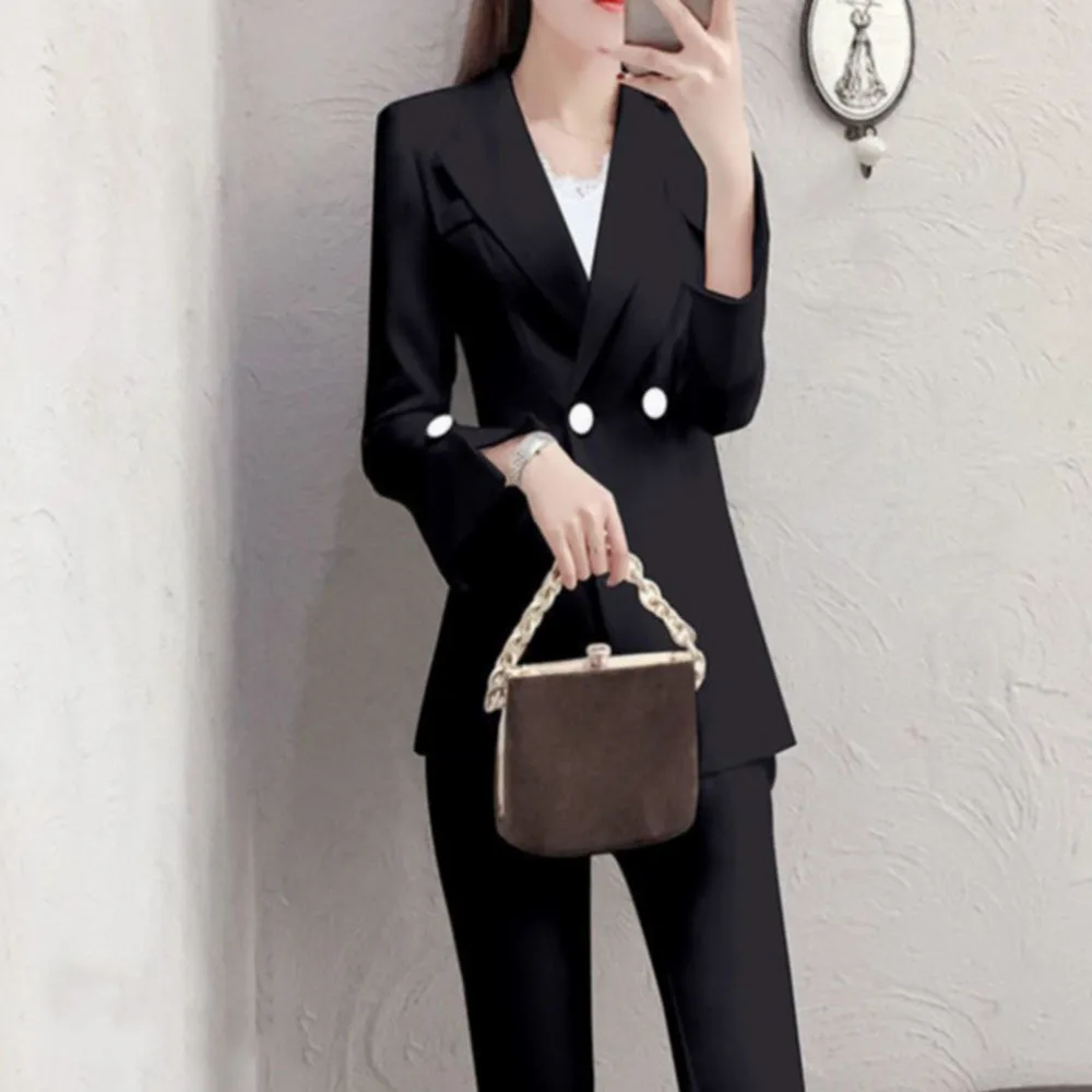 

Новый модный тонкий черный костюм на весну и осень, Женский темпераментный женский брючный костюм с гудками, два комплекта, профессиональны...