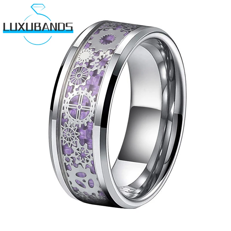 

Tungsten Carbdie Rings For Men Women 8MM Beveled Edges Gear Purple Carbon-Fiber Inlay Polished Finished Comfort Fit