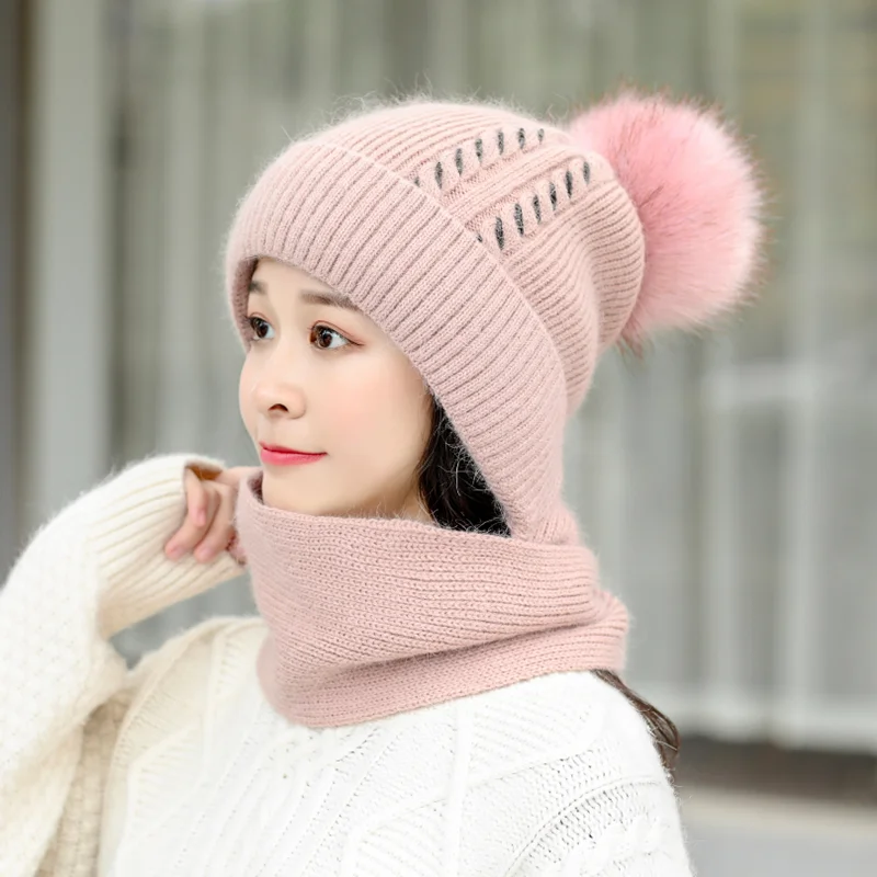 

Hot Sales Fashion Women Knitted Wool Scarf Hat Pompom Cap Set Warm Winter Scarf Mask Sports Free Shipping