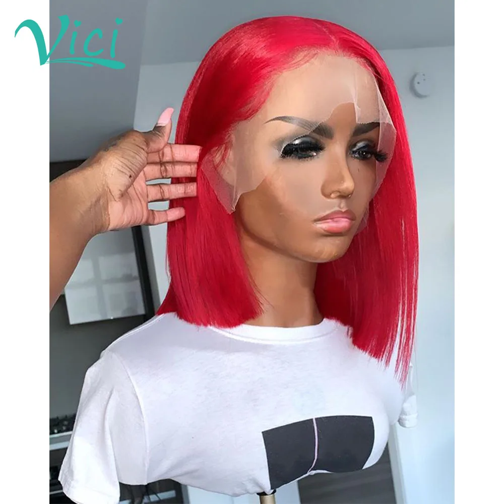 Прямой парик Боб вырез Фея короткие красные 360 фронтальные человеческие волосы