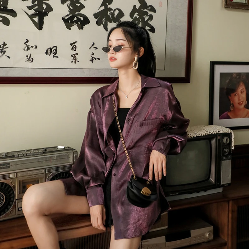 2019 женская фиолетовая шифоновая блуза в стиле ретро с длинными рукавами Длинная