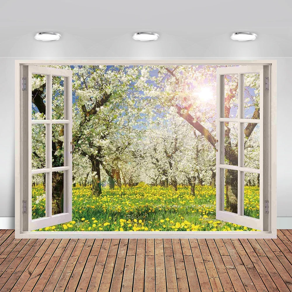 

Фон с весенним окном, цветами, деревом, травой, природой, лесом, ландшафтом, солнечным светом, садом, декорацией, баннером для детской вечевеч...