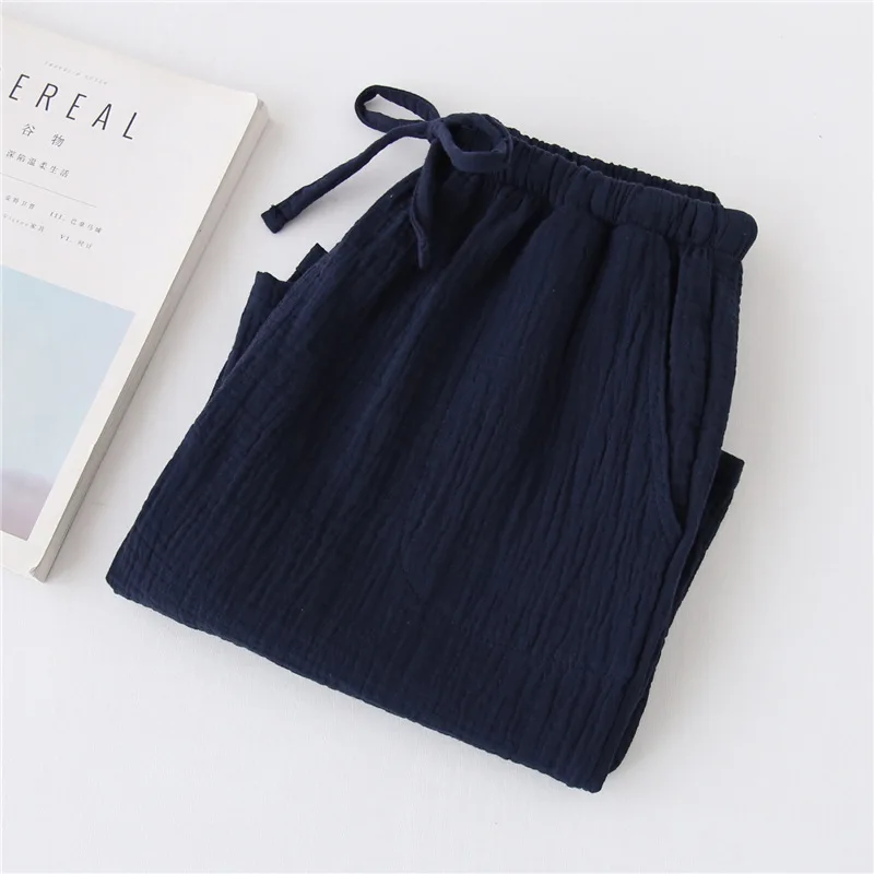 

Summer 100% Cotton Crepe Yarn Men's Household Thin Section Sleep Bottoms Lattice Shorts Solid Nightly Trousers Sleepwear