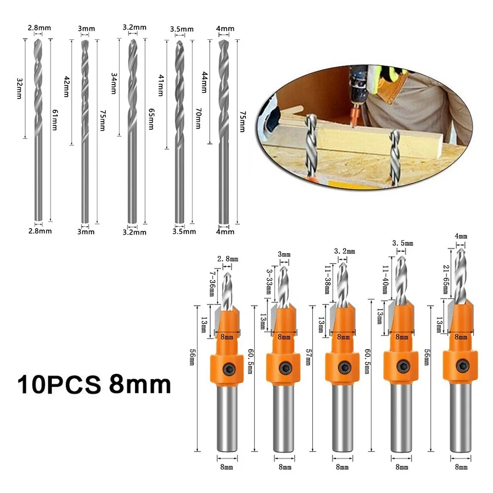Набор зенкеров для дрели Быстросменные фаски отверстий в винтах 10 шт