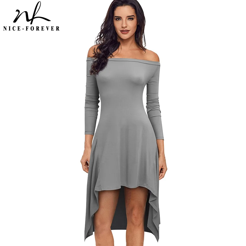 

Nice-Forever Spring Women Chic Solid Color Slash Neck Mini Dresses Casual Shift A-line Dress A183