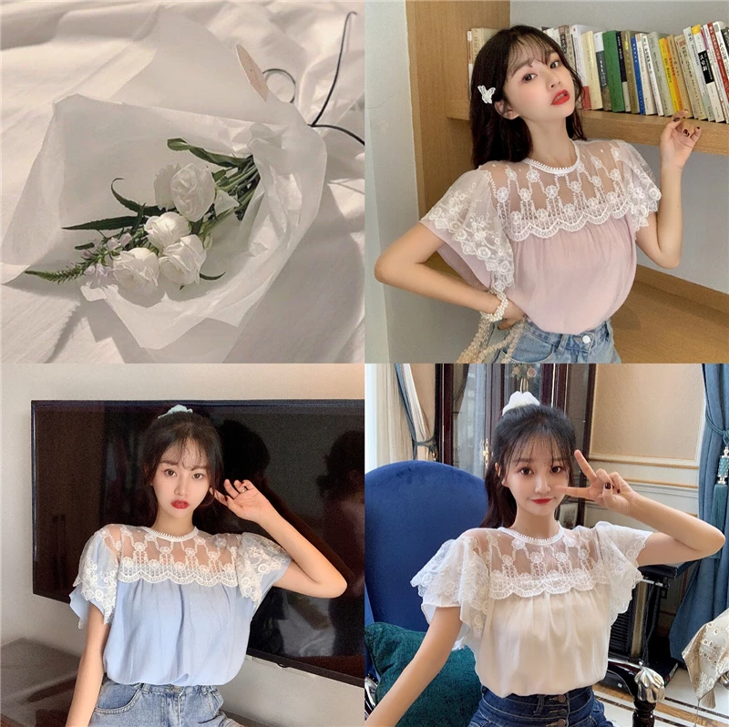 

Summer Sweet Style Blouses Loose Hollow Out Lace Shirts Ladies Perspective Women's Clothing Fashion Brand Ins Tops New Blusas