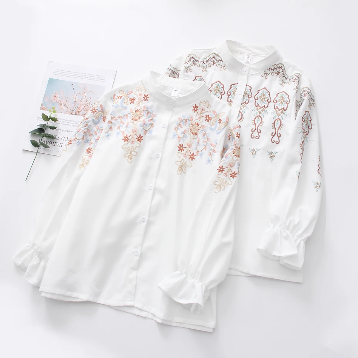 Женские хлопковые топы с длинным рукавом белые рубашки цветочной вышивкой