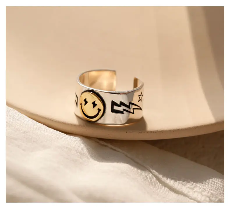 Punk Ancient Silver Color Happy Smiling Face Open Rings for Women Adjustable Stackable Link Twisted Ring Fashion Jewelry | Украшения и