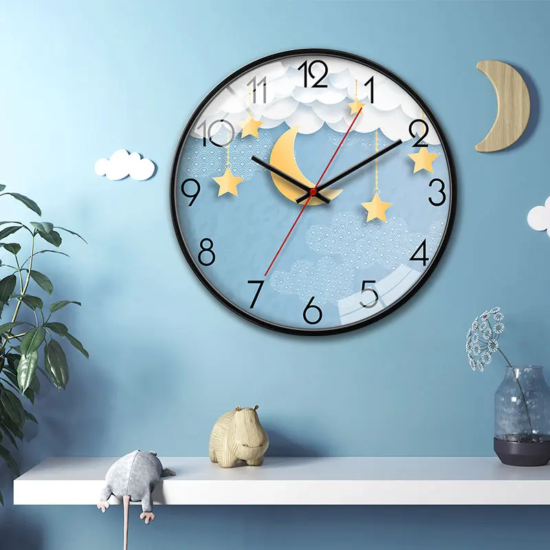 

Cute Kids Wall Clock Creative Cartoon Nordic Metal Moon Novelty Wall Clock Art Minimalist Duvar Saatleri Living Supplies DE50ZB