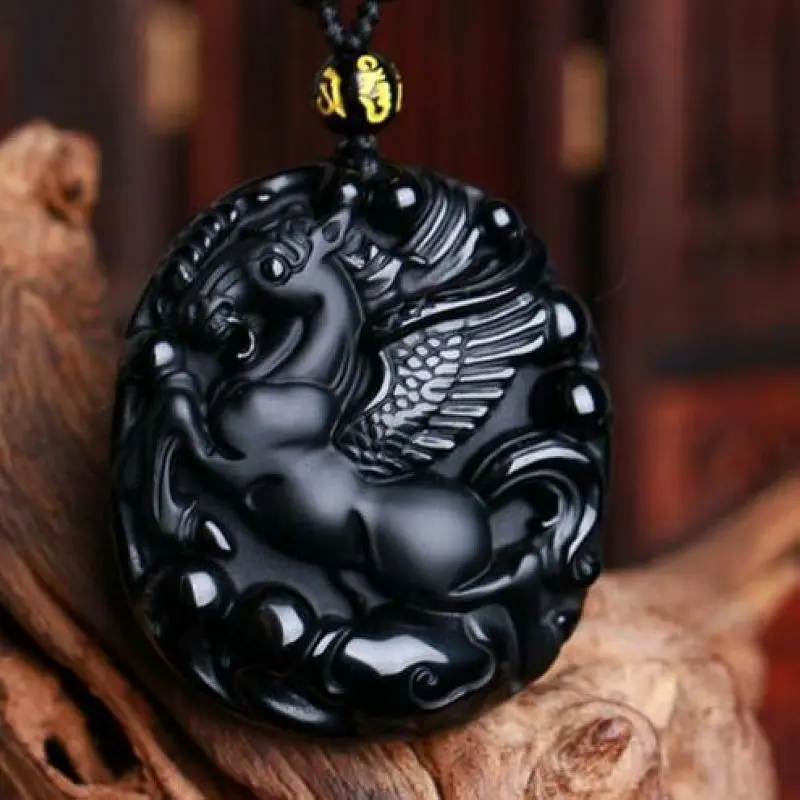 

Natural black obsidian crystal flying horse Amulet necklace pendant with adjustable bead chain for women