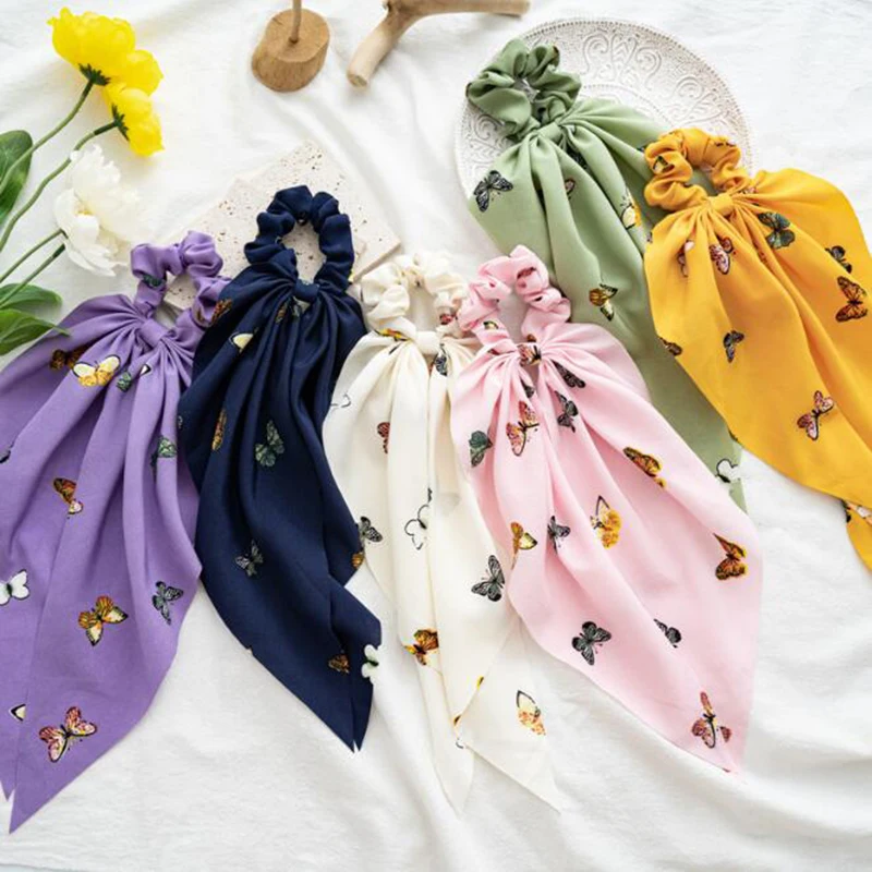 

Long Streamer Ribbon Women Bow Hair Scrunchies Chiffon Butterfly Print Hair Tie Rope Elastic Hair Band Sweet Hair Accessories